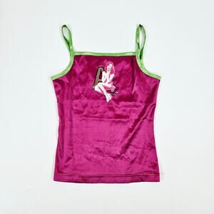 Y2k Euro Cami Graphic Pin-Up Pink Satin - Size Small